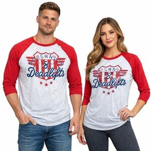 Doughnuts & Deadlifts Raglan Tee Large Red 3/4 Sleeve Gym Pump Cover Women's